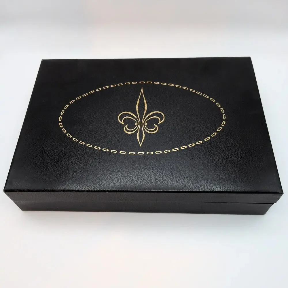 Vintage Men's Valet Accessories Jewelry Box Display Fleur De Lis Black Red Lined